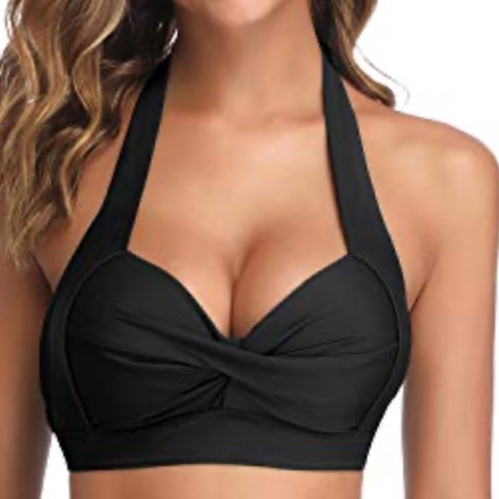 Tempt Me Women's halter ruched black swimsuit top NWT